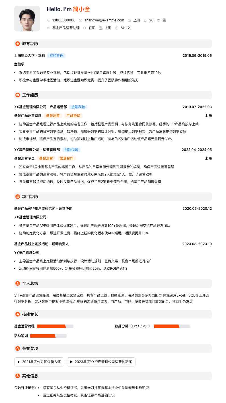 基金产品运营助理简历模板