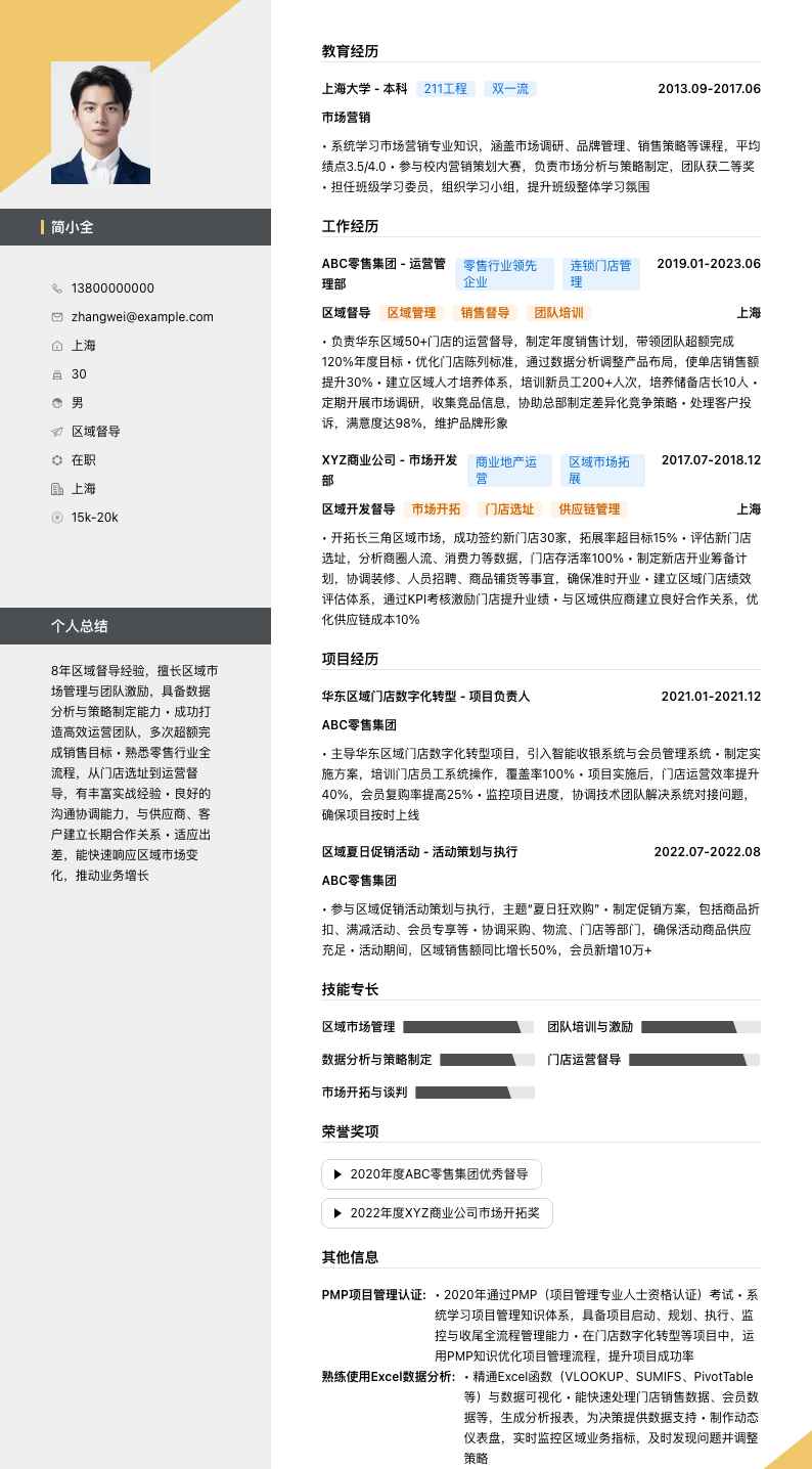 区域督导简历模板