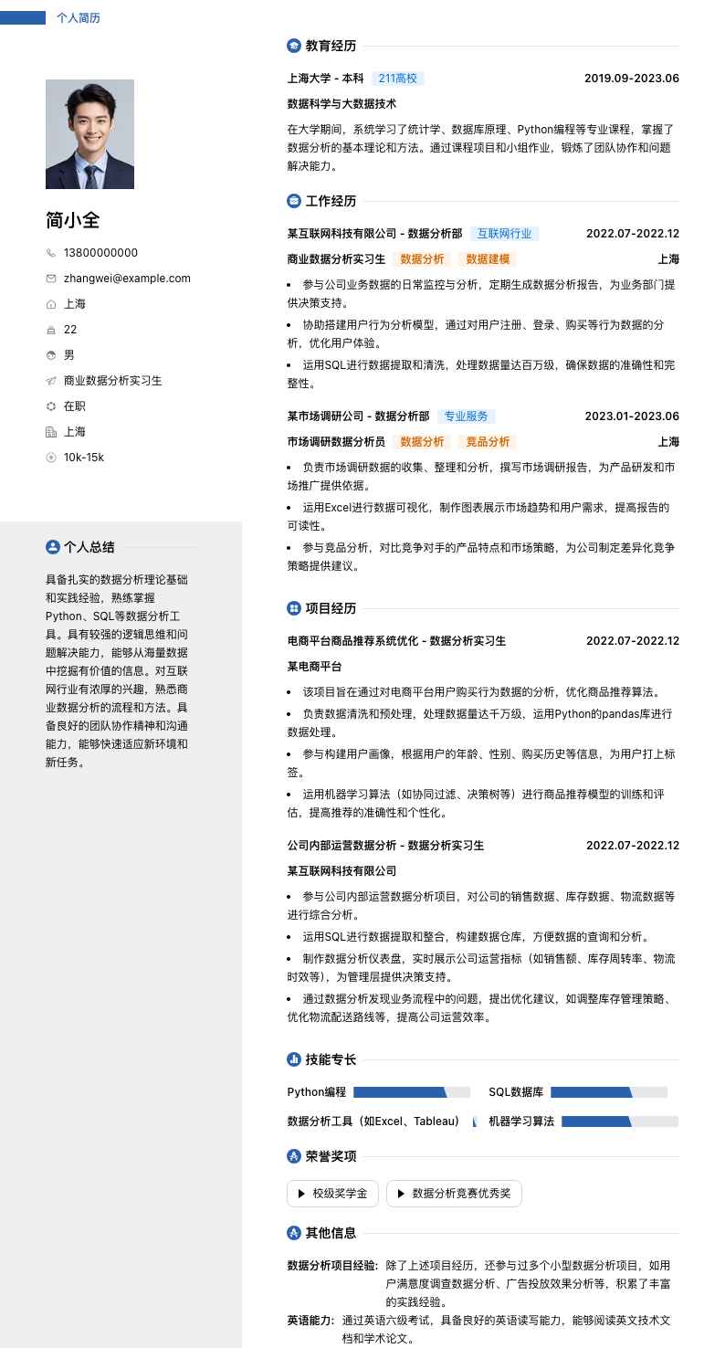 商业数据分析实习简历模板