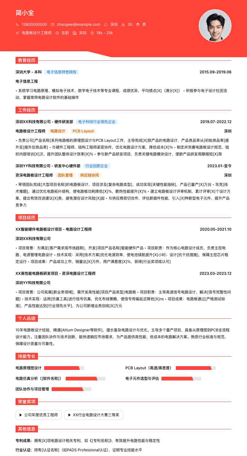 电路板设计工程师简历模板