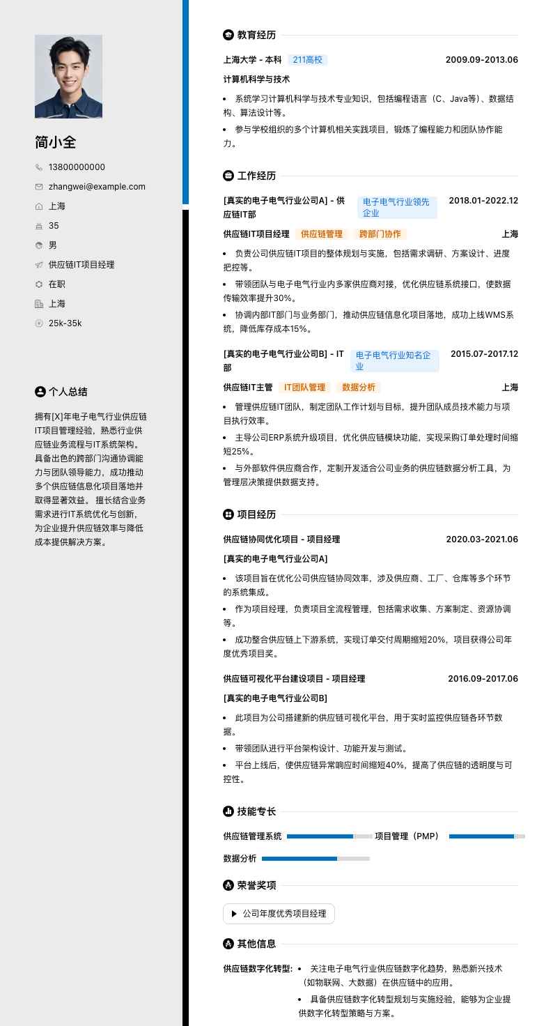 供应链it项目经理简历模板