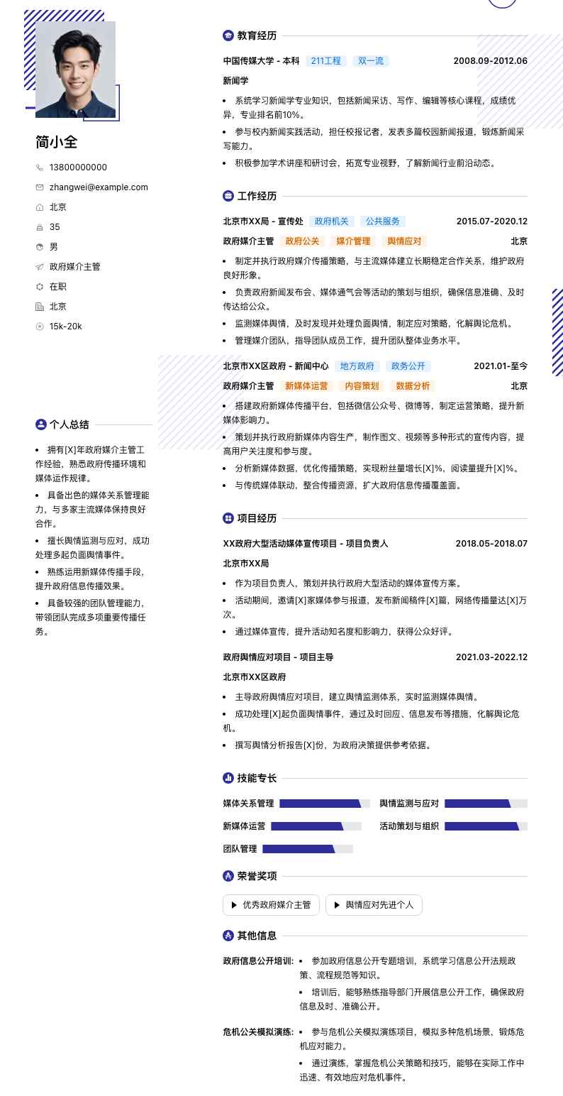 政府媒介主管简历模板