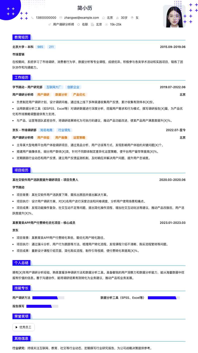 用户调研分析师简历模板
