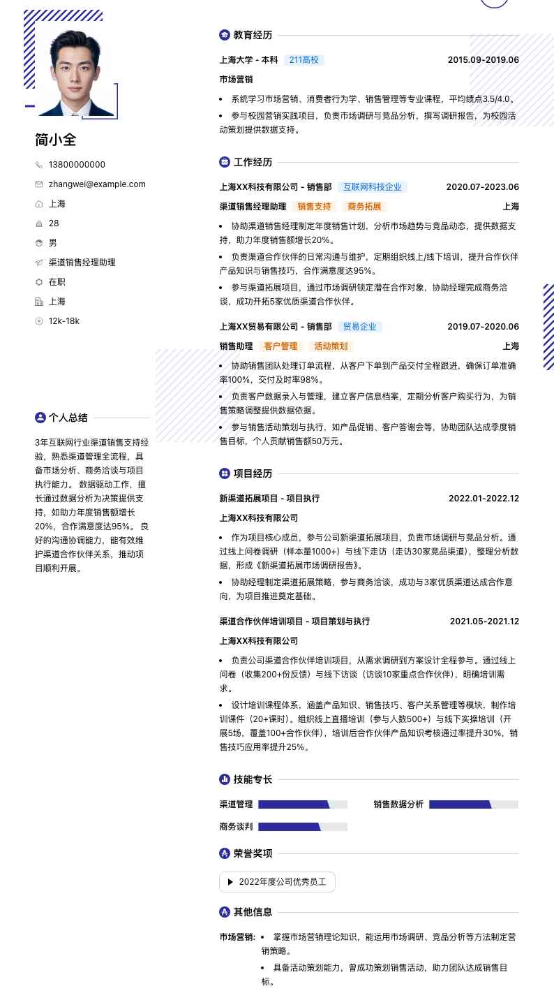 渠道销售经理助理简历模板