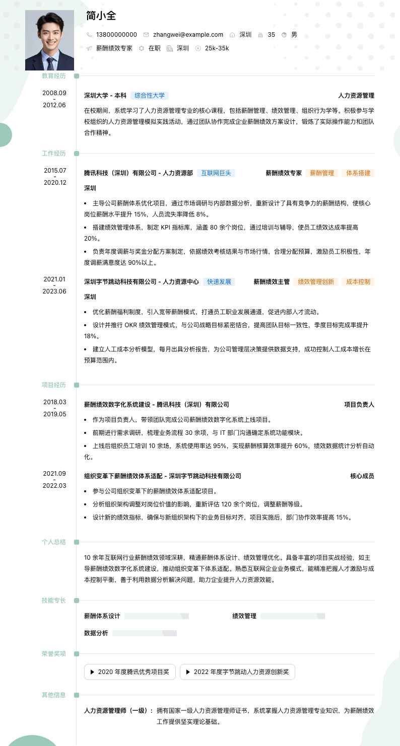 薪酬绩效专家简历模板