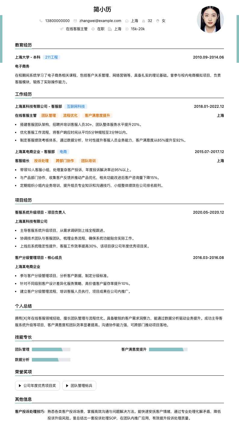 在线客服主管简历模板