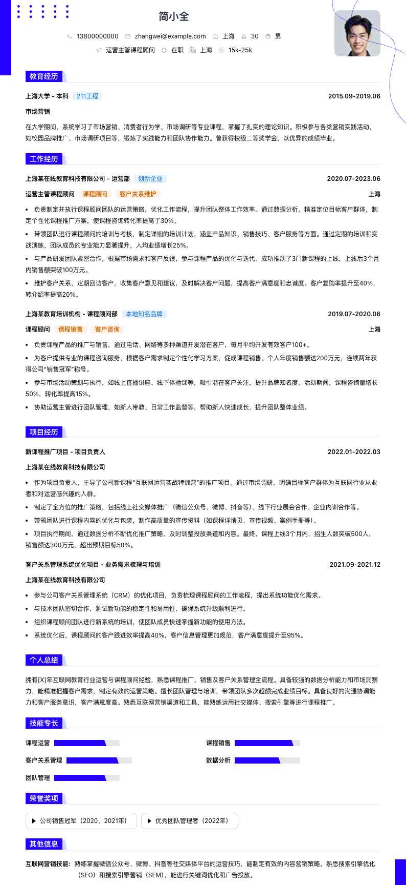 运营主管课程顾问简历模板