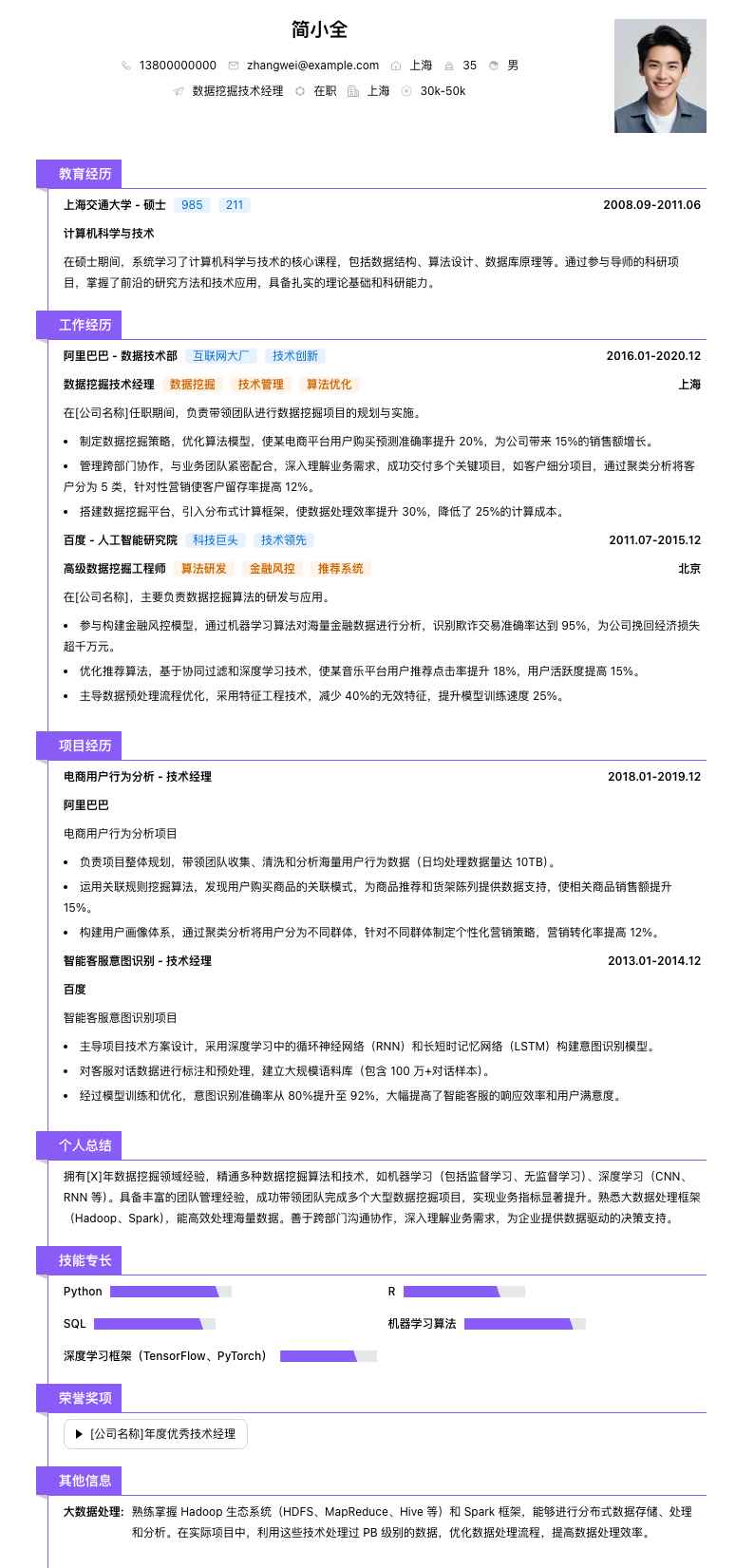 数据挖掘技术经理简历模板