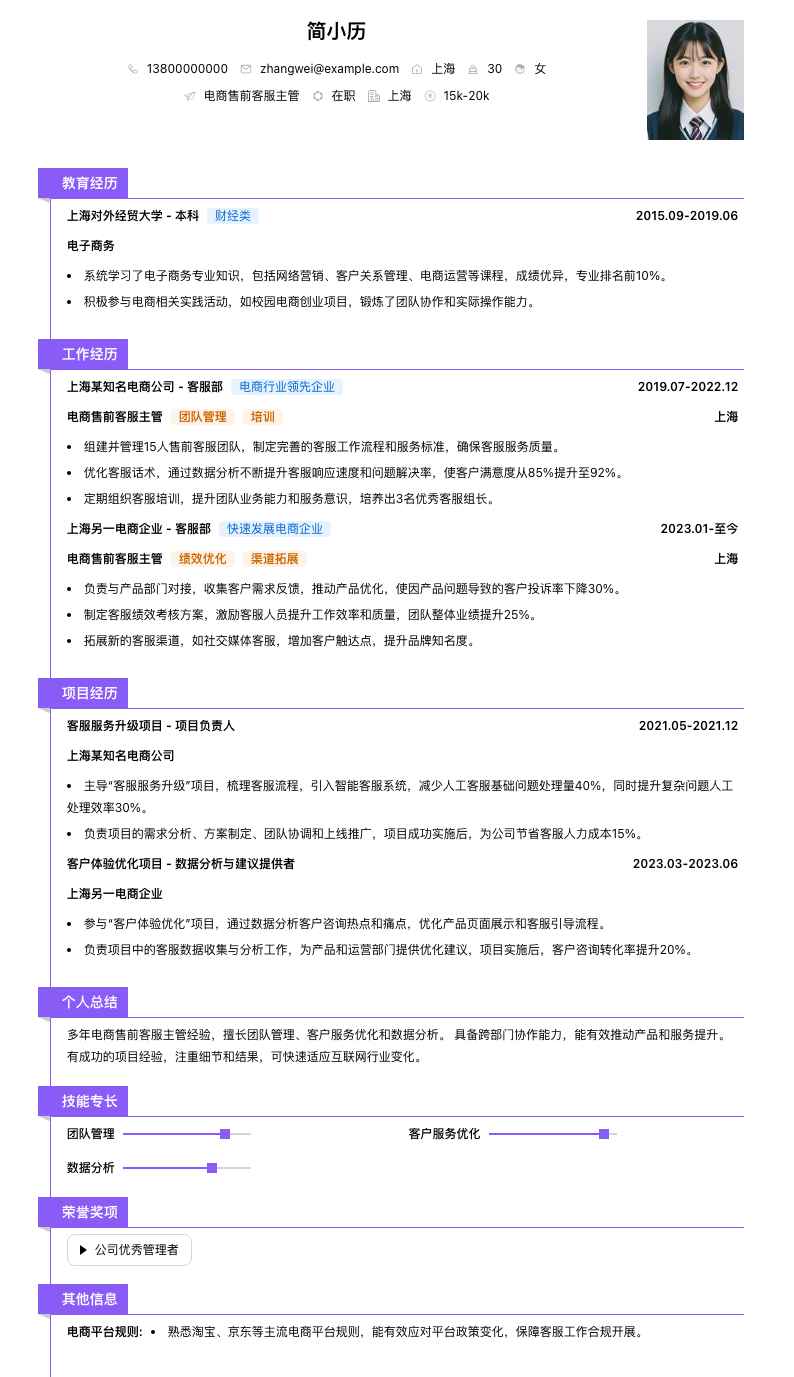电商售前客服主管简历模板