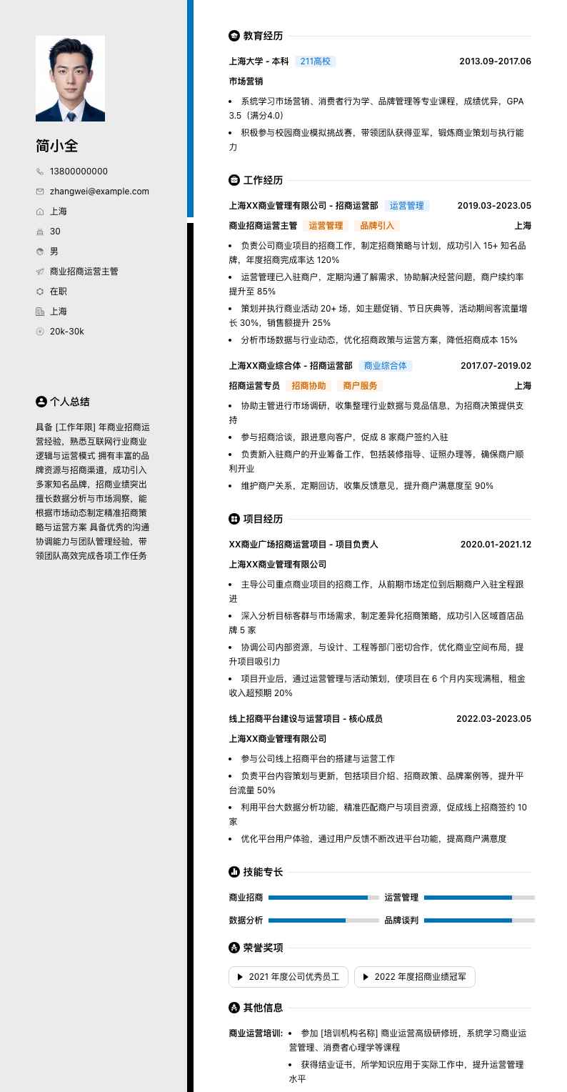 商业招商运营主管简历模板