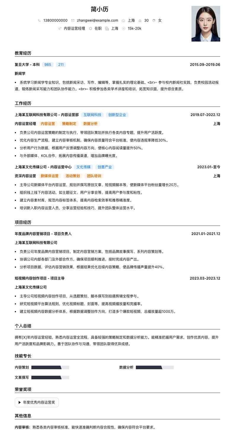 内容运营经理简历模板