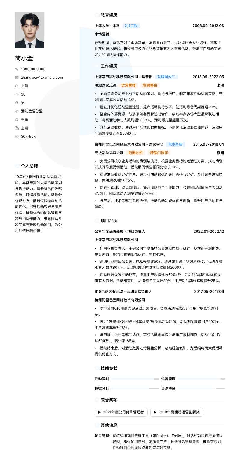 活动运营总监简历模板