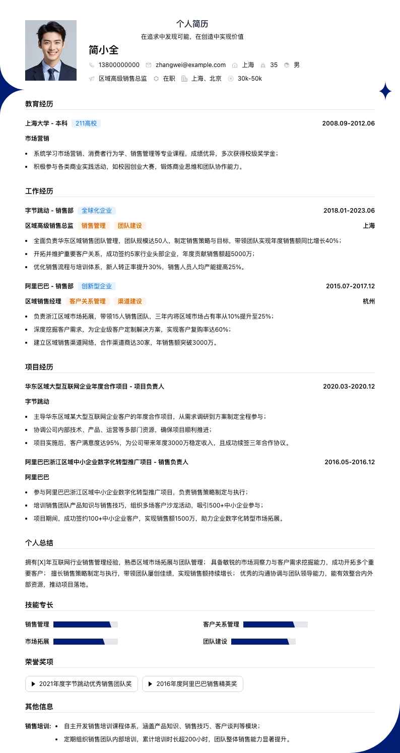 区域高级销售总监简历模板