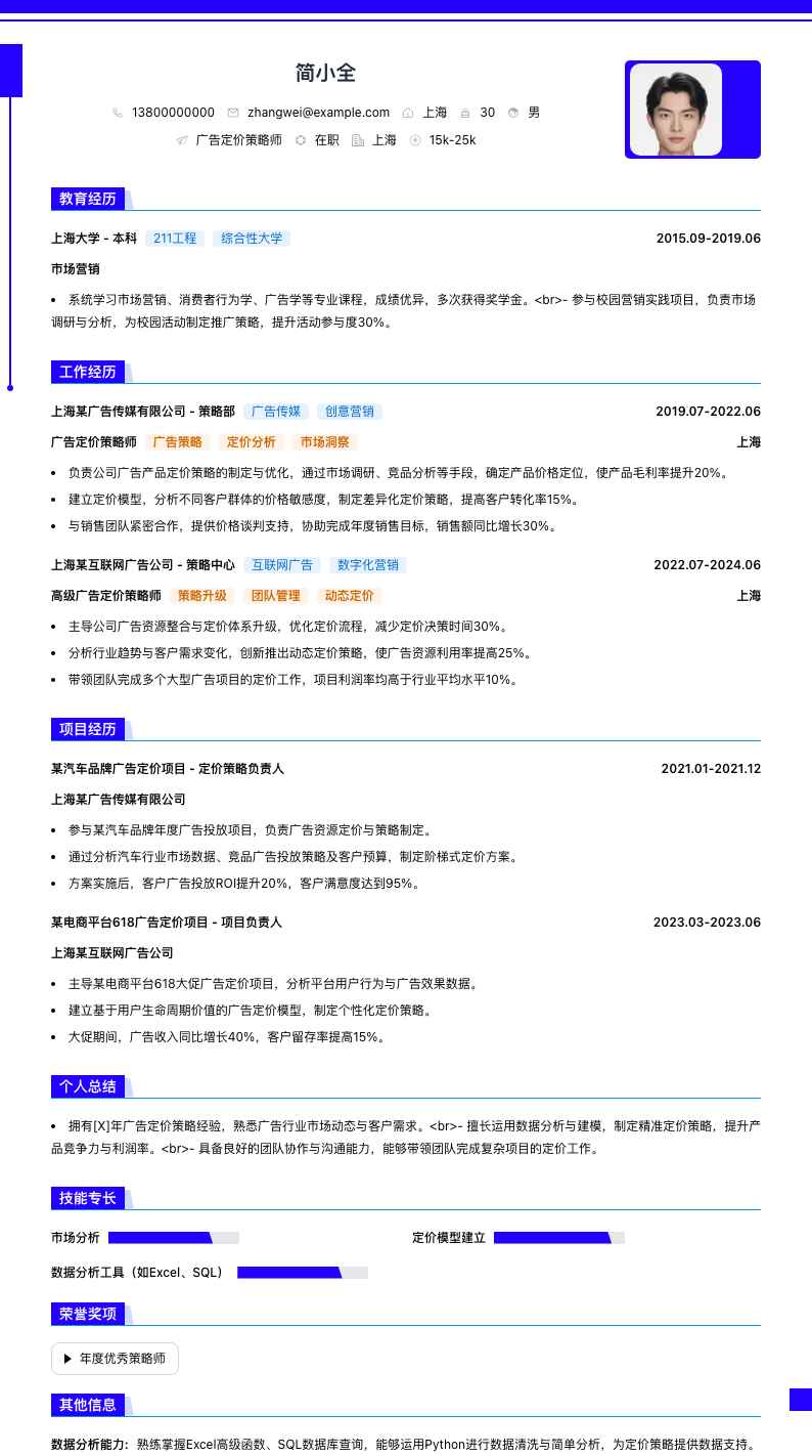 广告定价策略师简历模板