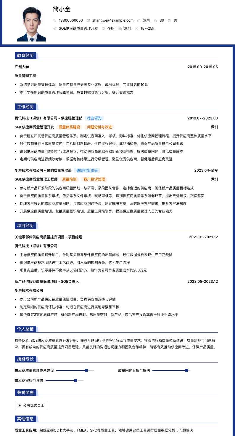 sqe供应商质量管理简历模板
