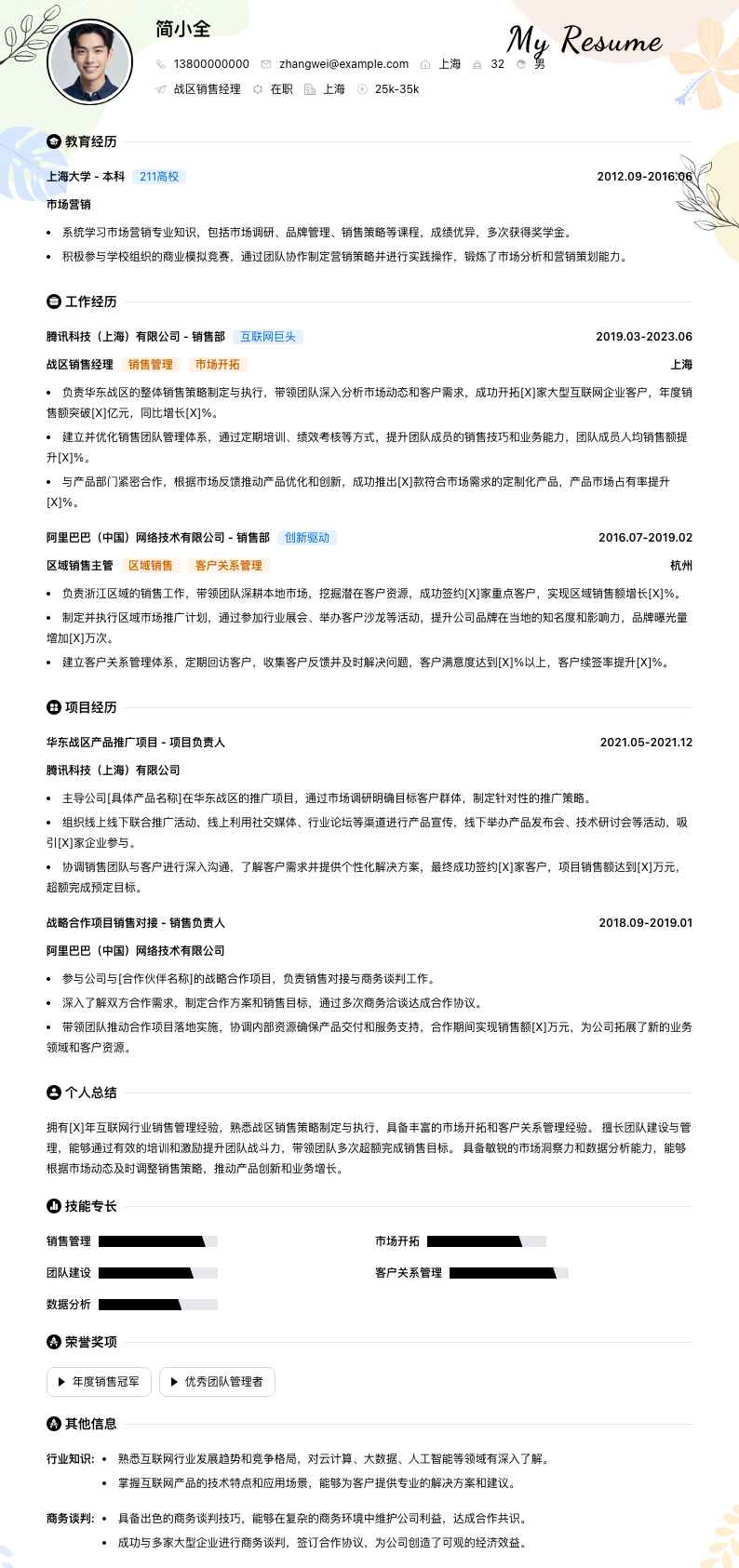 战区销售经理简历模板