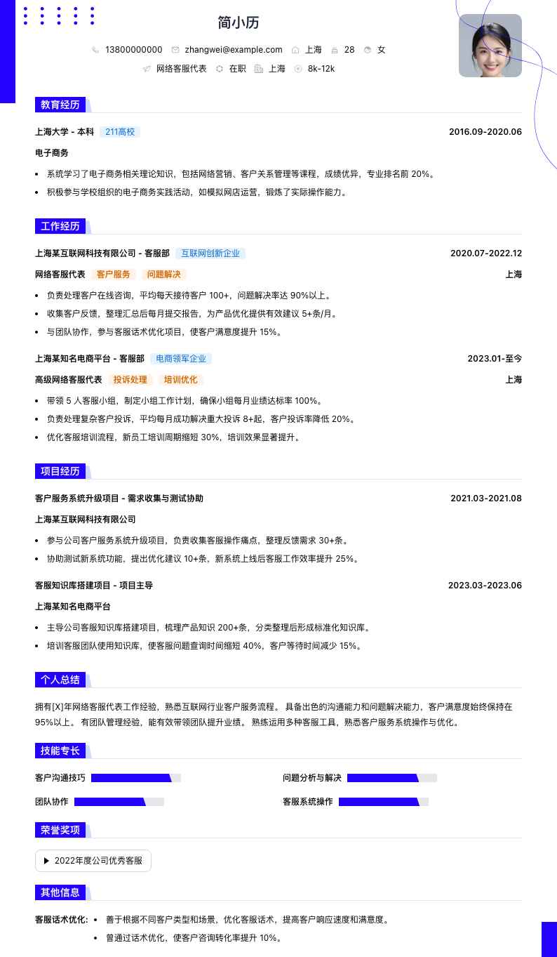 网络客服代表简历模板