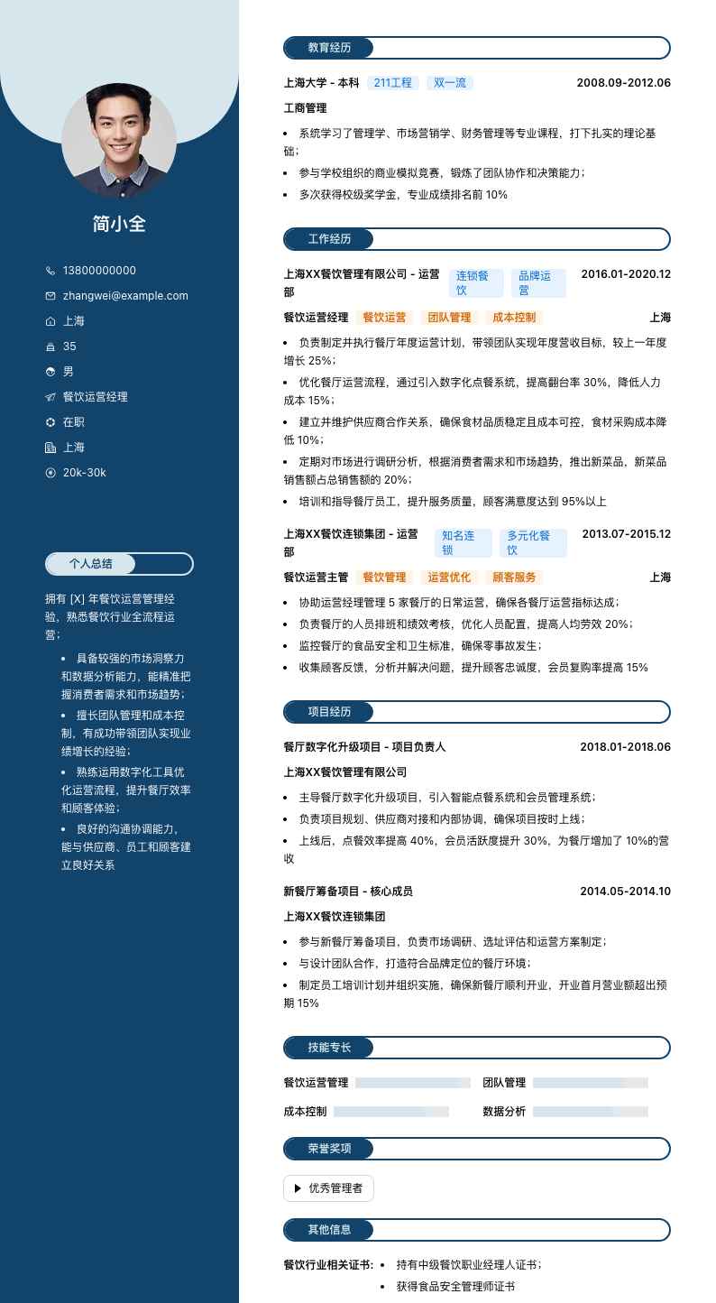 餐饮运营经理简历模板