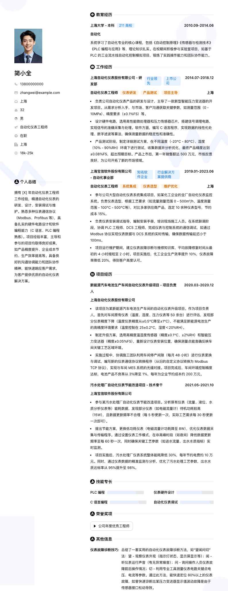 自动化仪表工程师简历模板