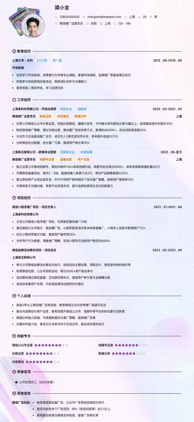 微信推广运营专员简历模板