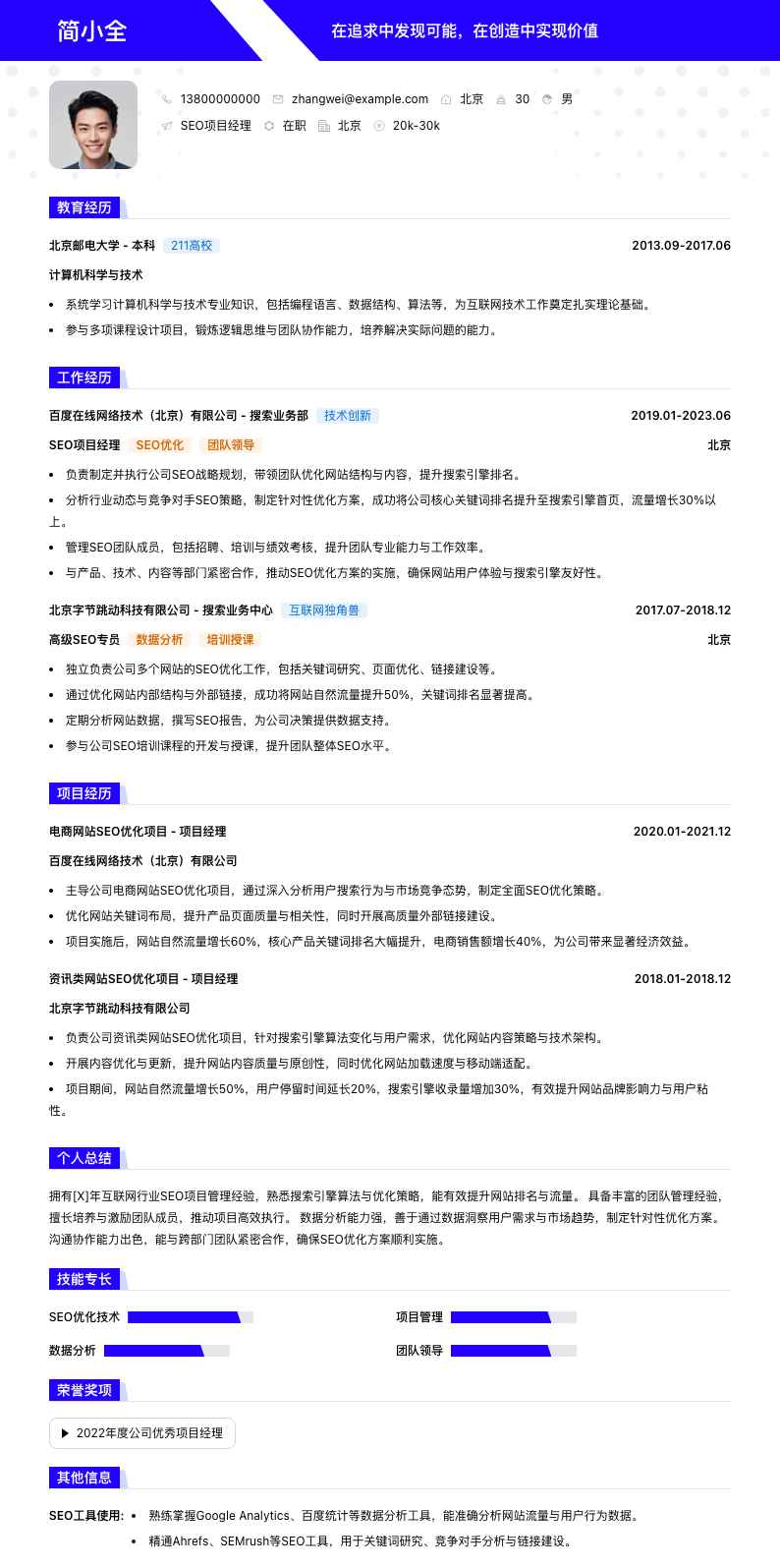 seo项目经理简历模板