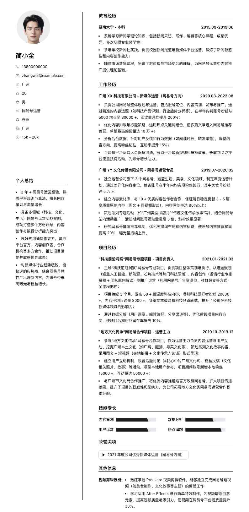 网易号运营简历模板