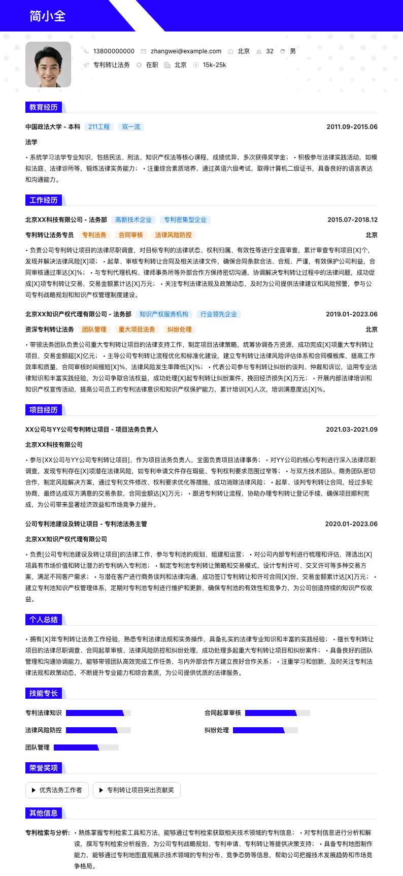 专利转让法务简历模板