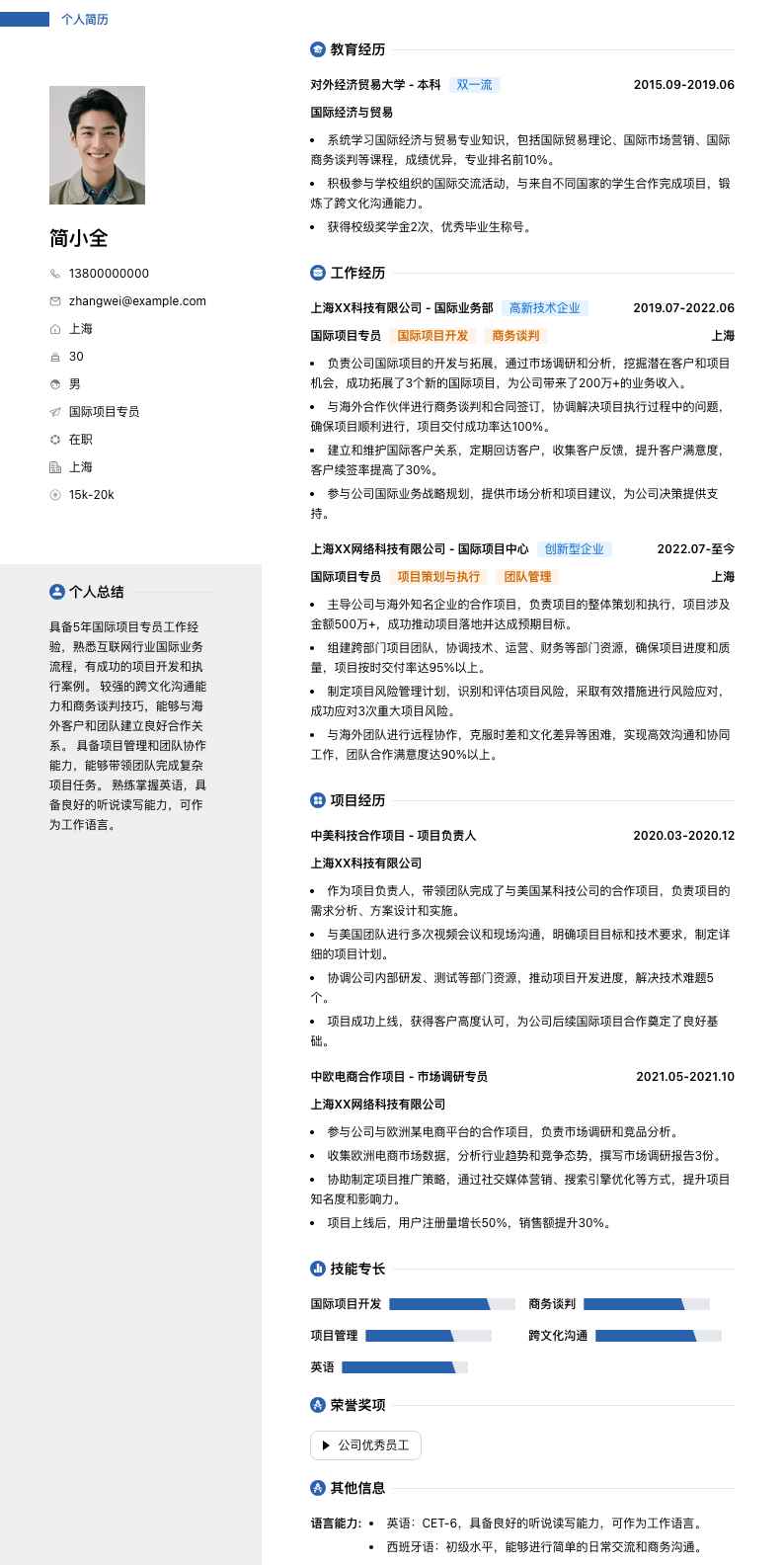 国际项目专员简历模板