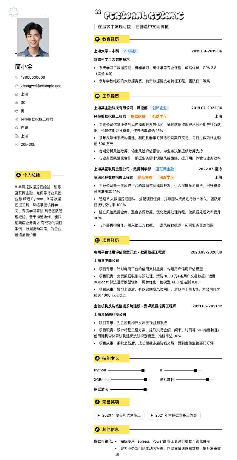 风控数据挖掘工程师简历模板