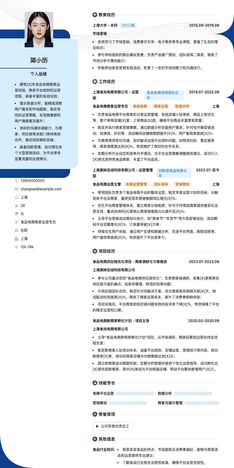 食品电商商家运营专员简历模板