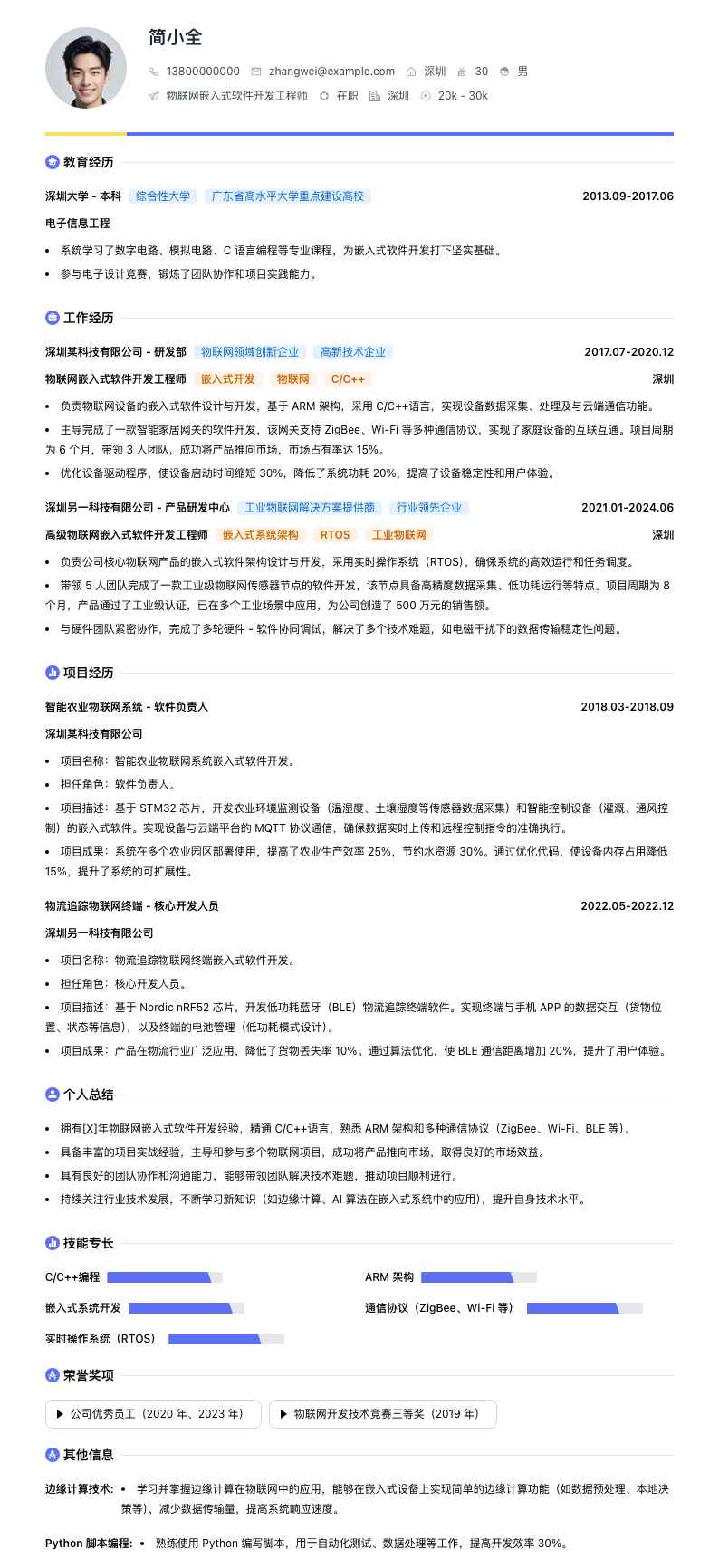 物联网嵌入式软件开发工程师简历模板