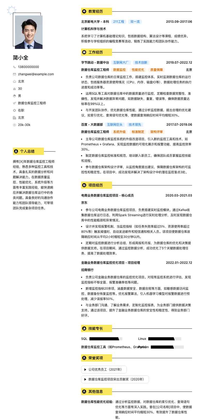 数据仓库监控工程师简历模板