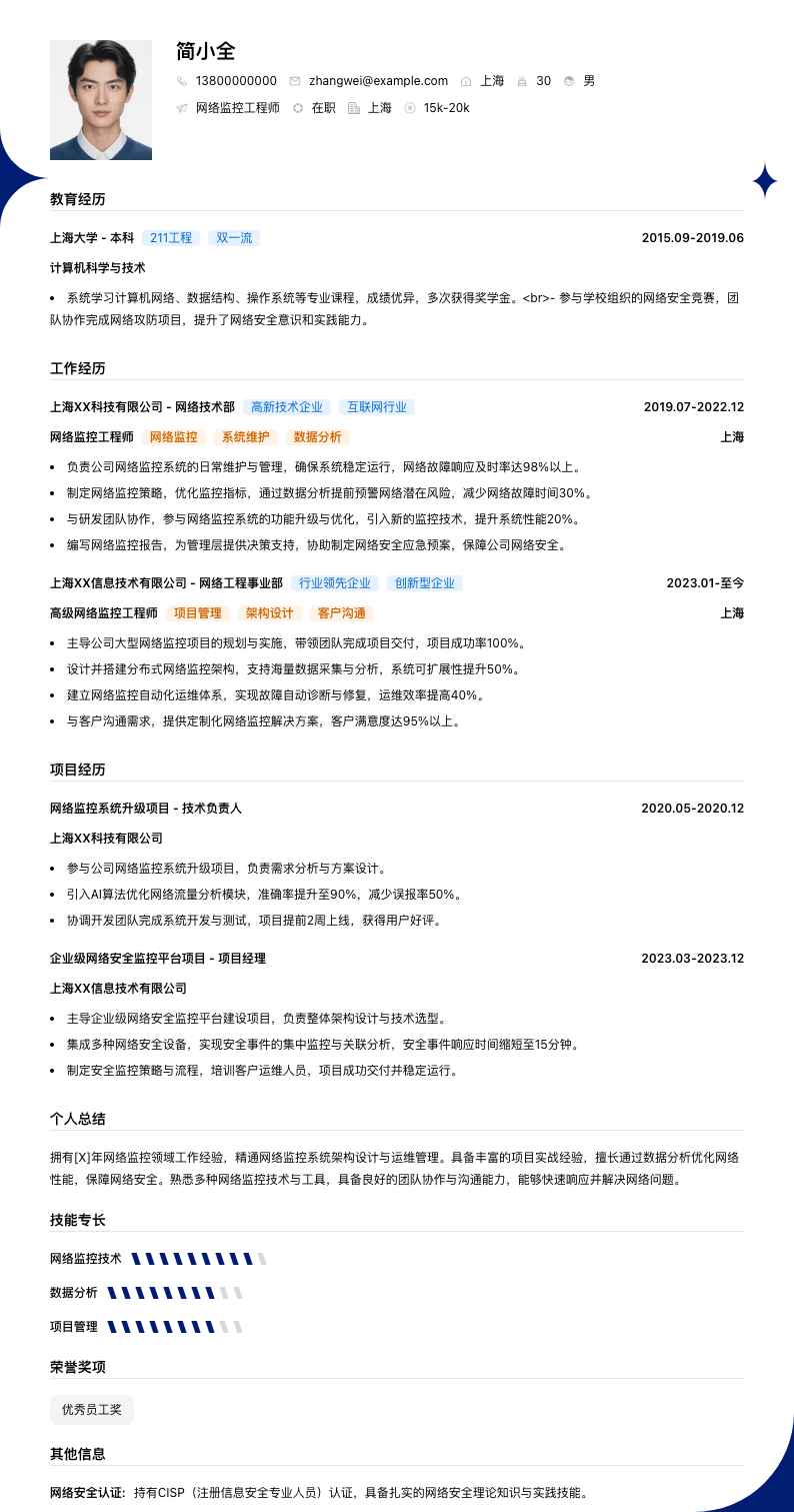 网络监控工程师简历模板