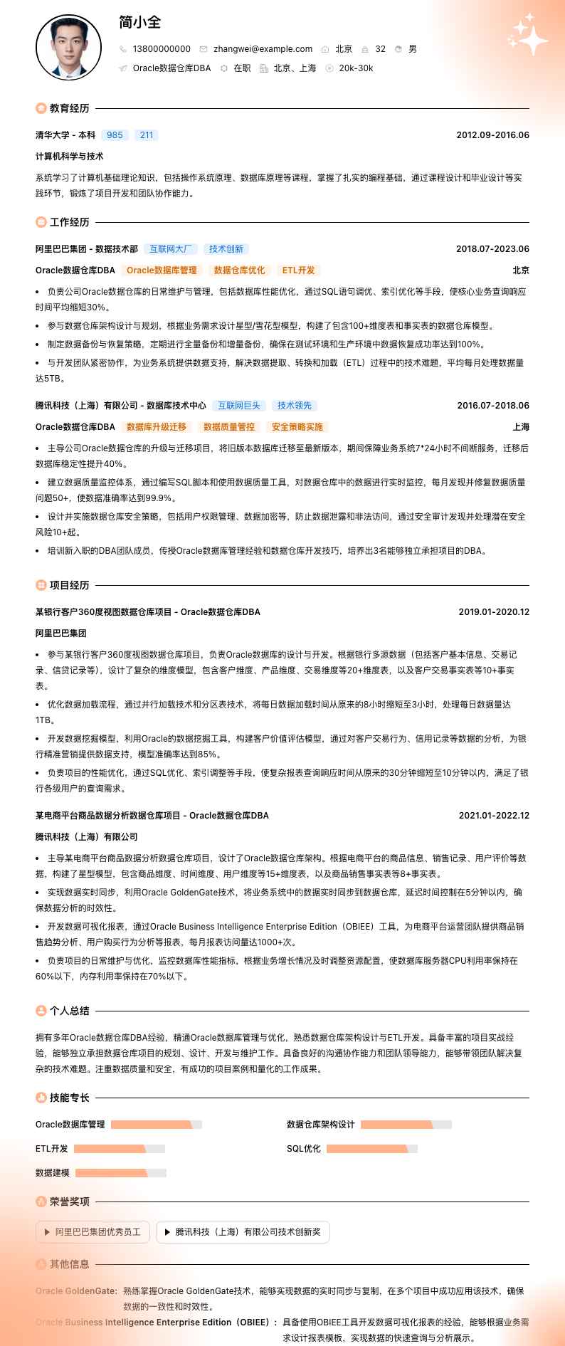 Oracle数据仓库DBA简历模板