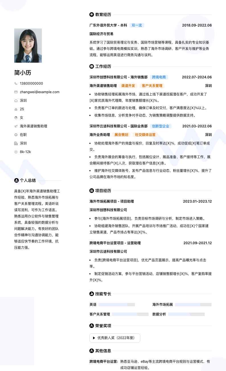 海外渠道销售助理简历模板