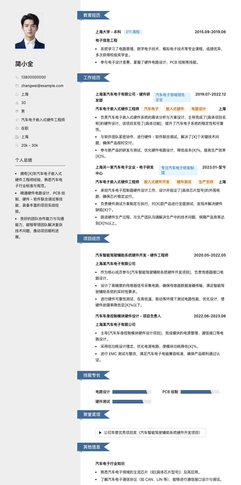 汽车电子嵌入式硬件工程师简历模板