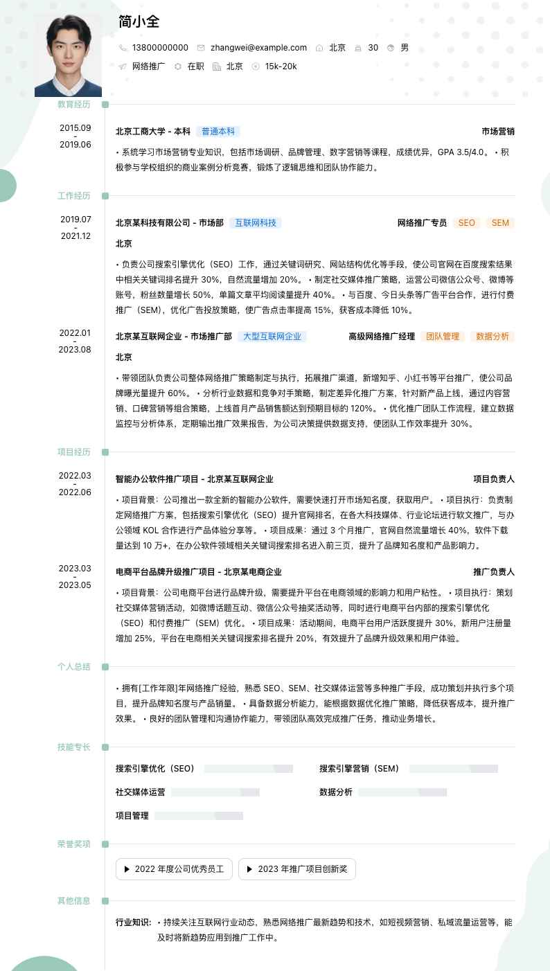 网络推广简历模板