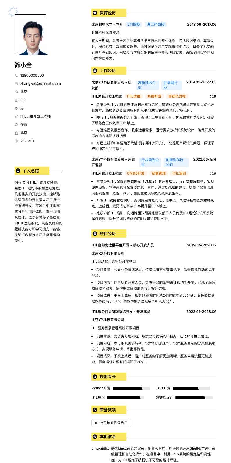 ITIL运维开发工程师简历模板