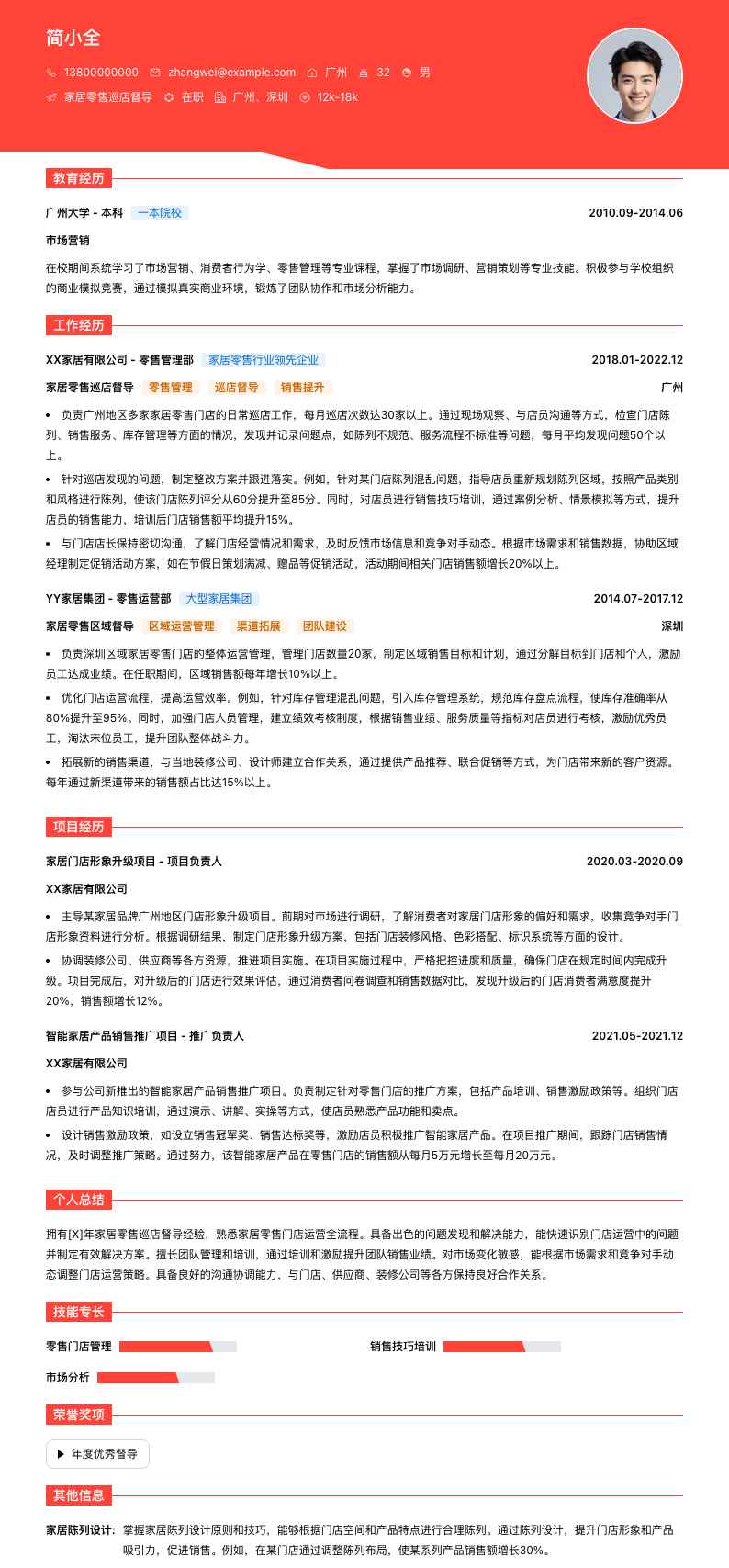 家居零售巡店督导简历模板