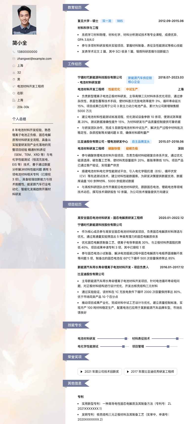 电池材料开发工程师简历模板