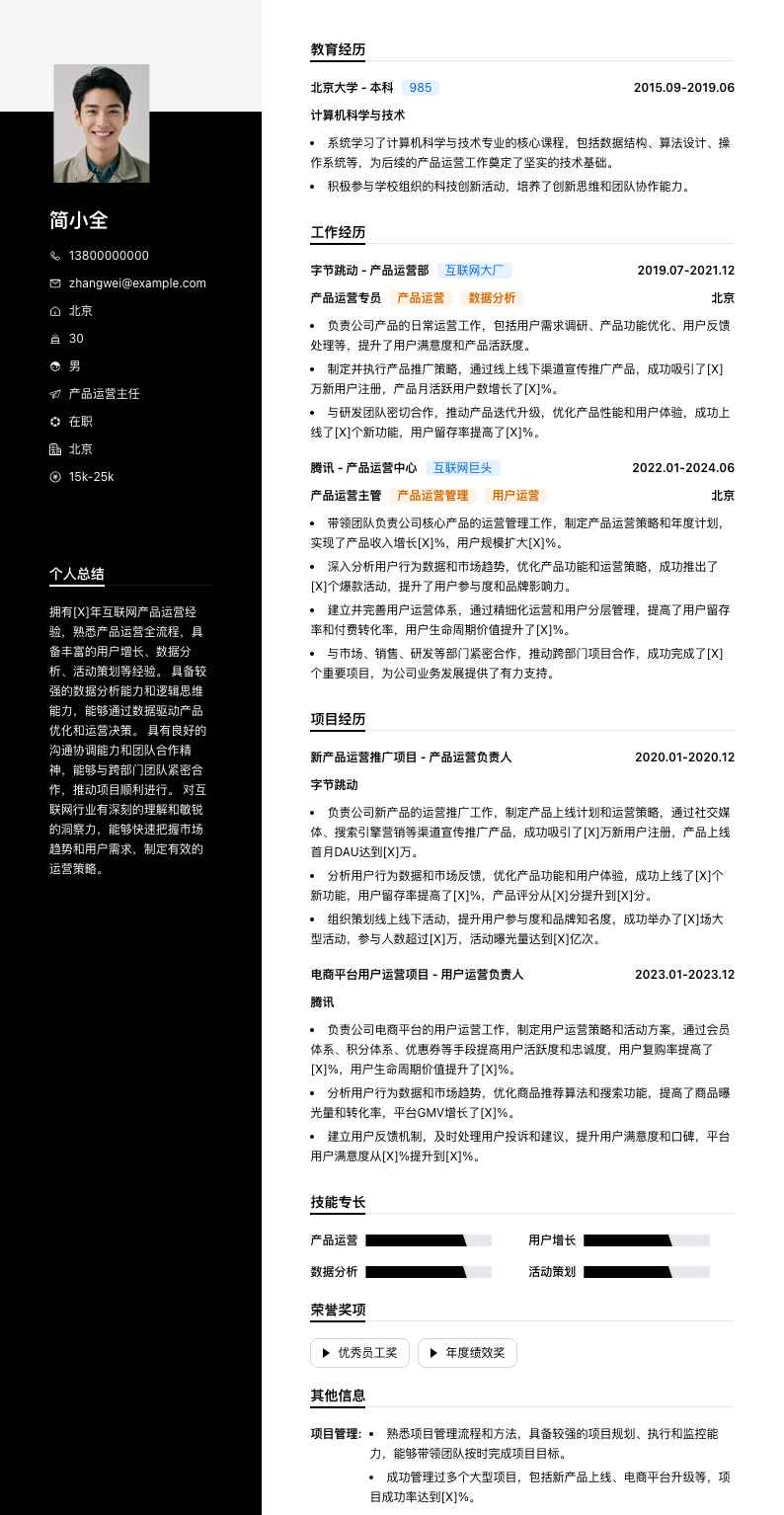 产品运营主任简历模板