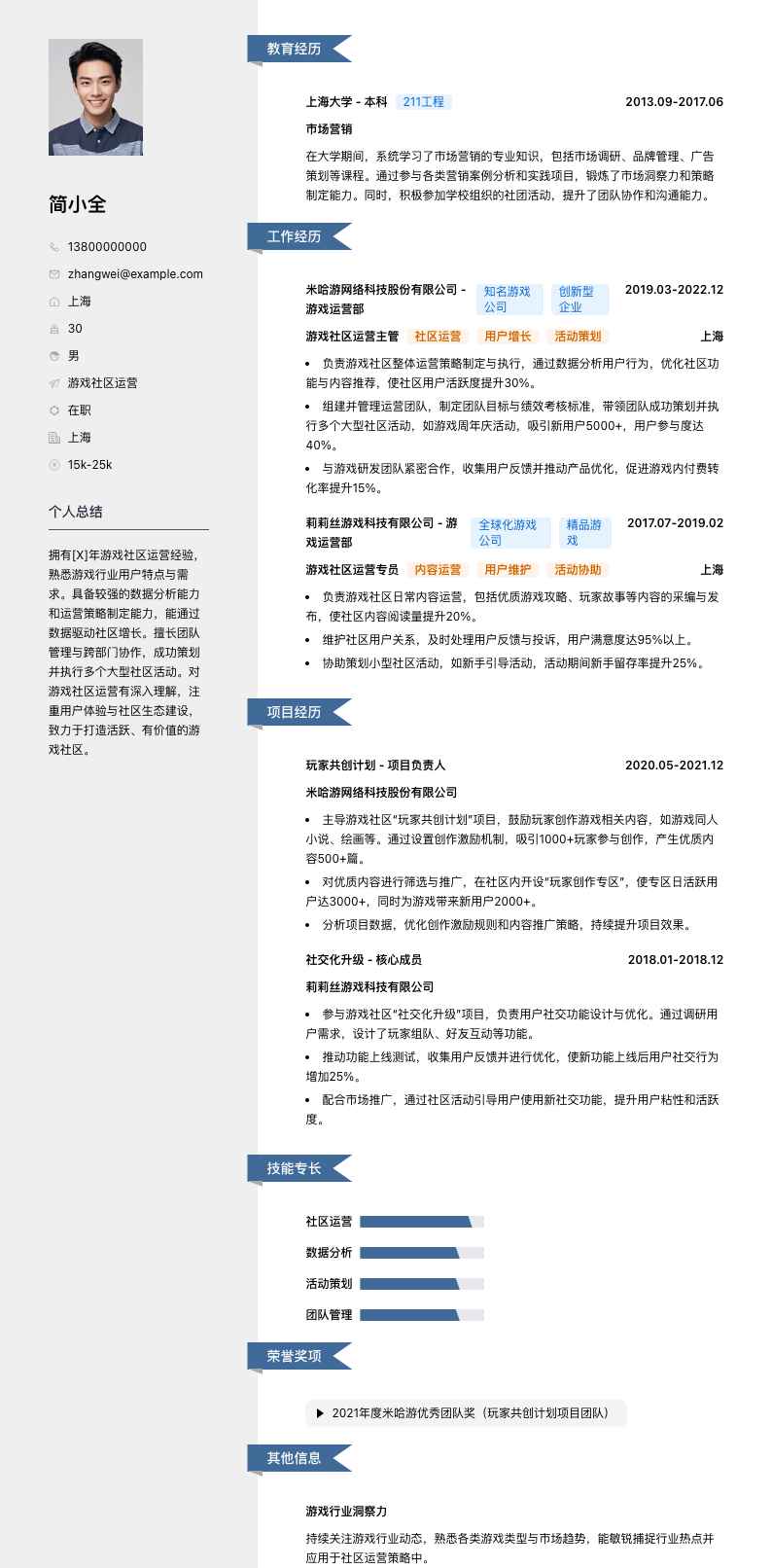游戏社区运营简历模板