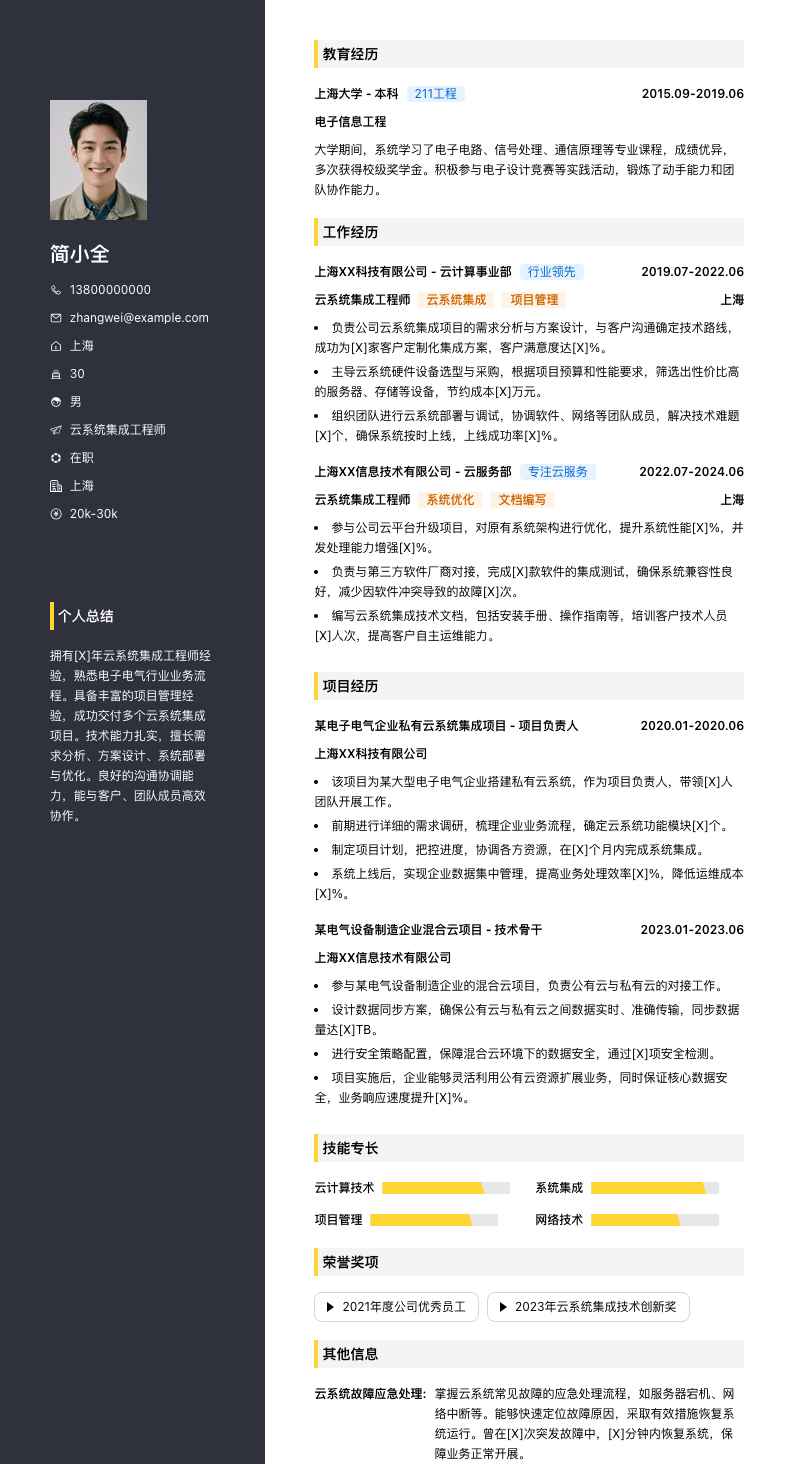 云系统集成工程师简历模板