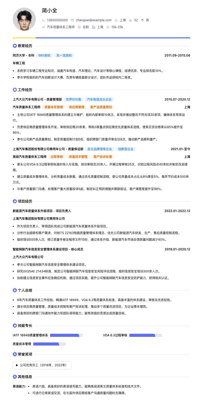 汽车质量体系工程师简历模板