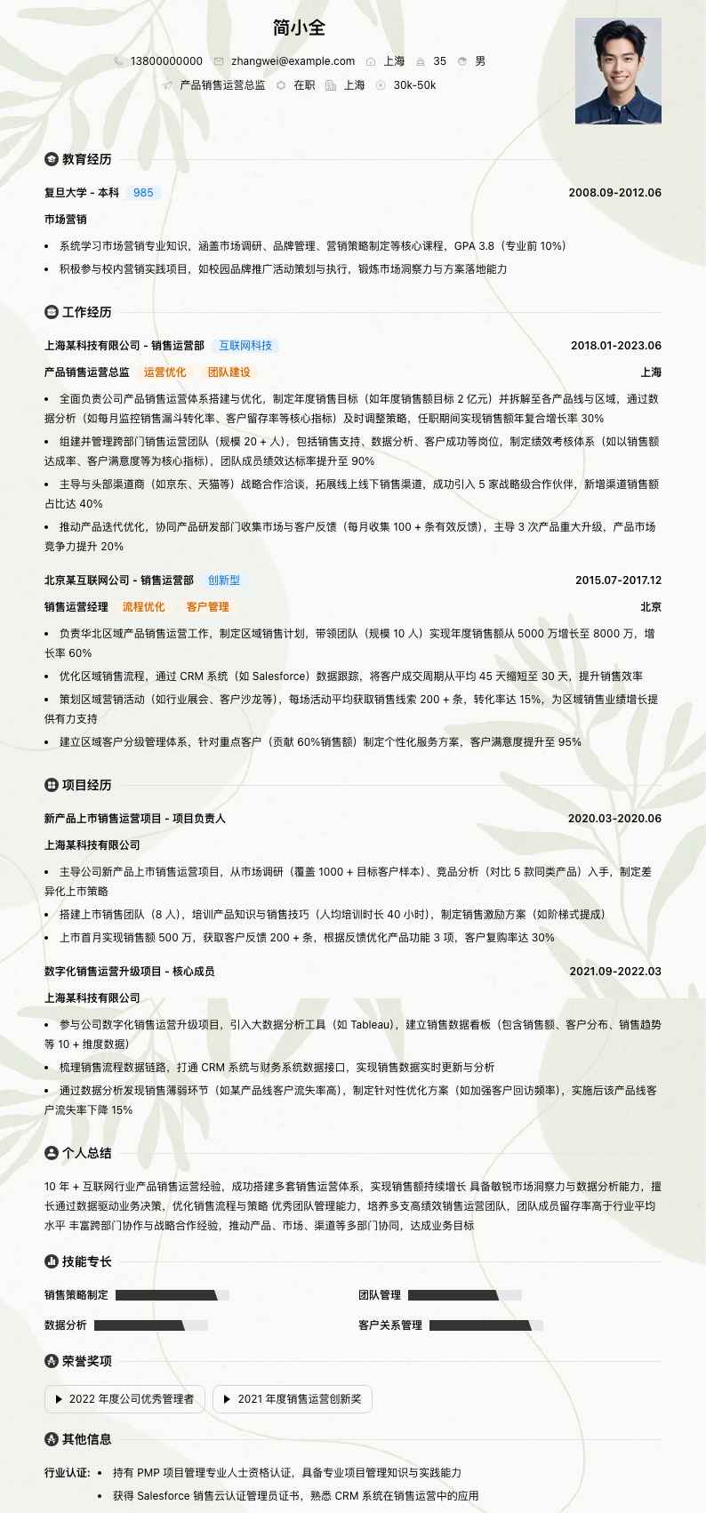 产品销售运营总监简历模板