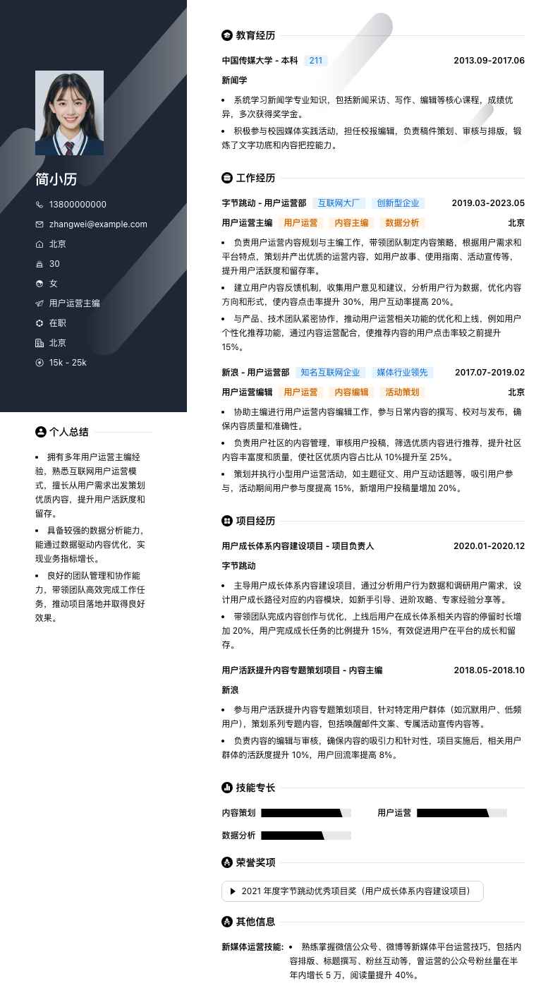 用户运营主编简历模板