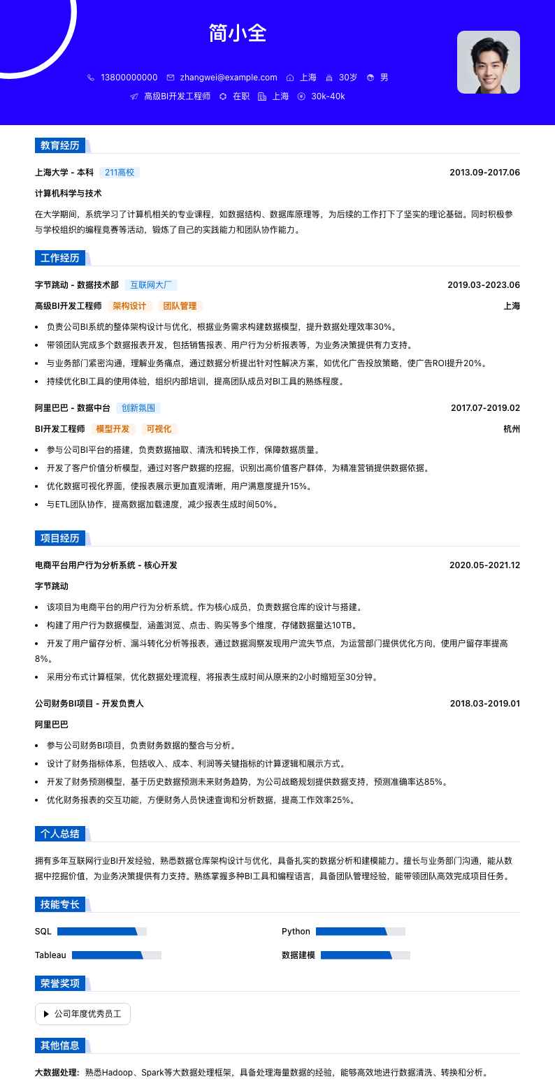 高级bi开发工程师简历模板