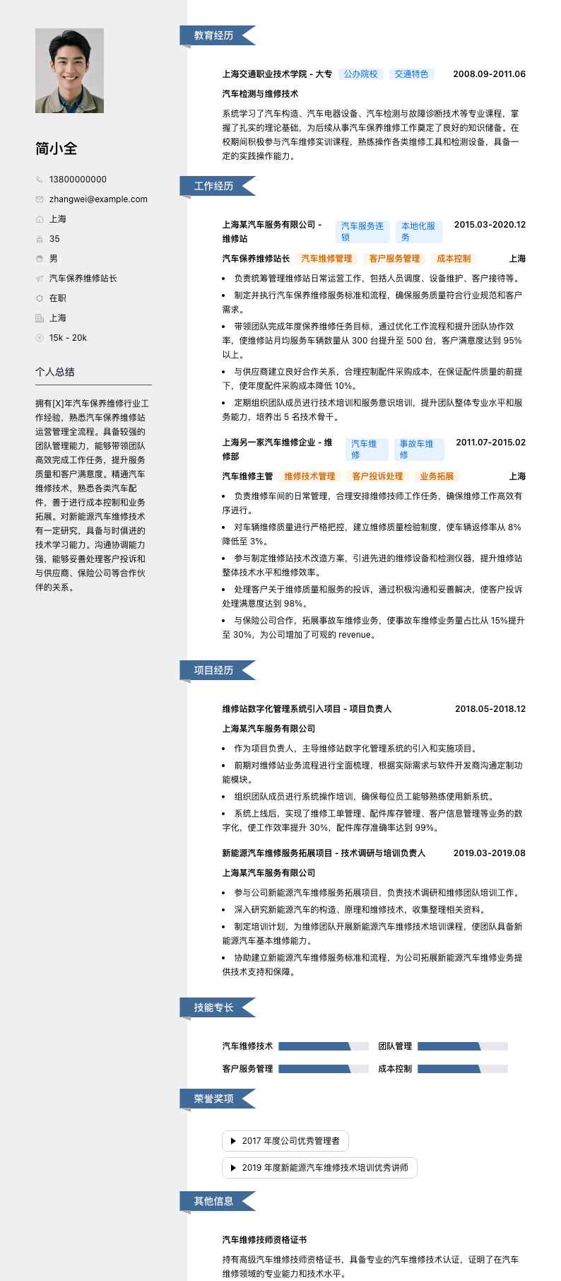 汽车保养维修站长简历模板