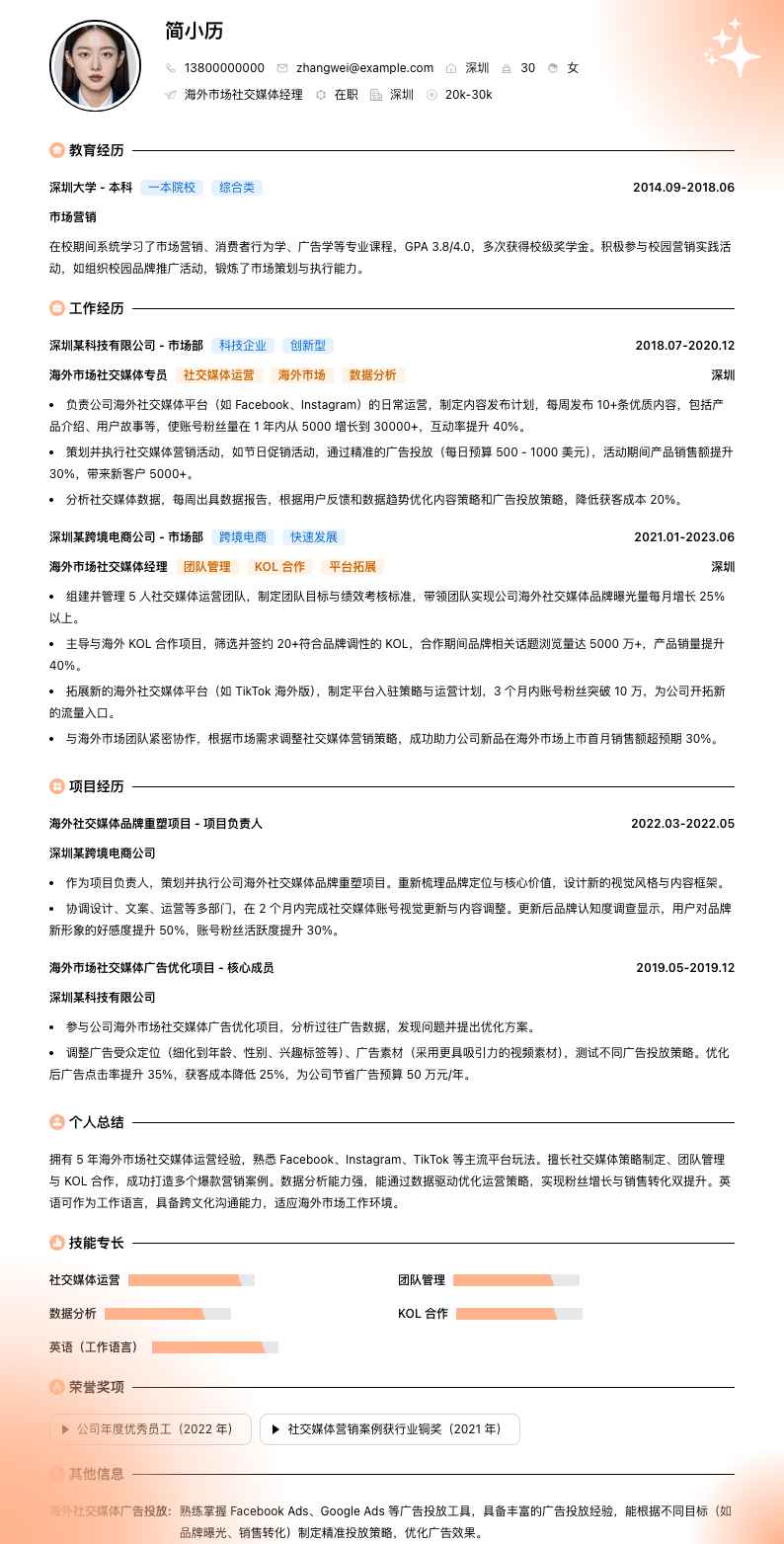 海外市场社交媒体经理简历模板