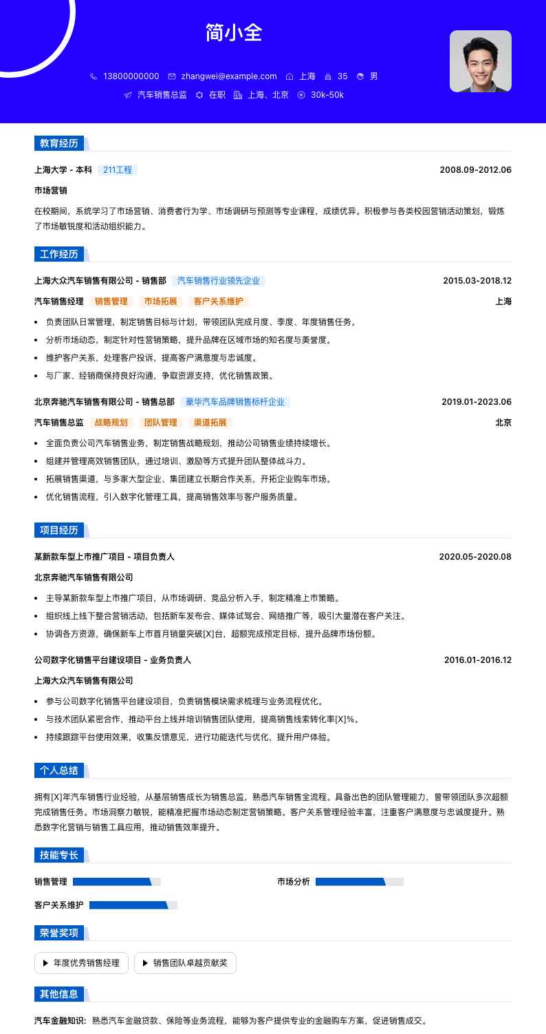 汽车销售总监简历模板